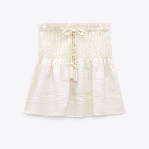 Zara Cream Linen Blend Short Mini Skirt Smocked Waist Size Medium
